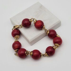 Red Coral Beaded Bracelet Gold Tone Metal Wrap